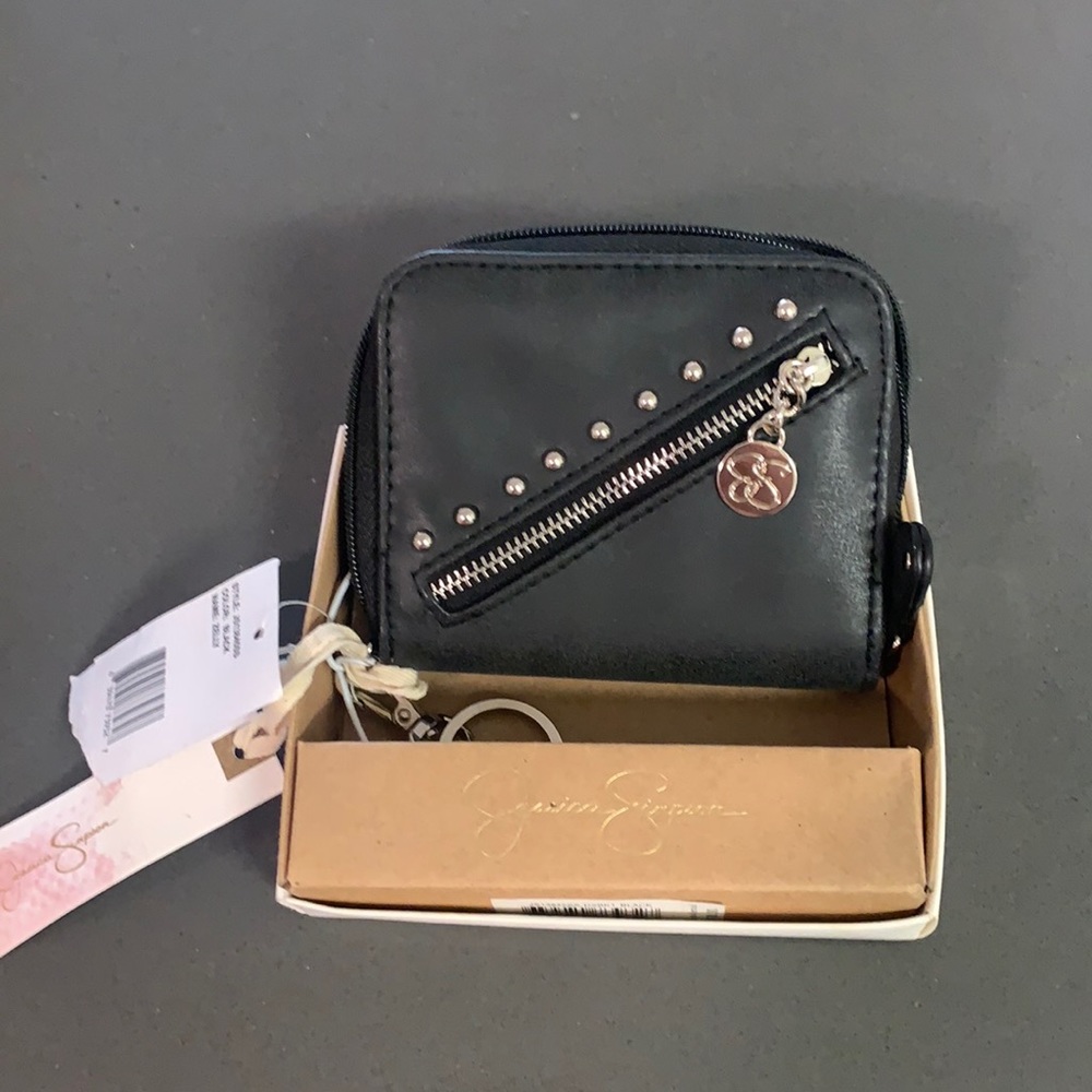Brand new still attached to box black leather Jessica Simpson wallet keychain